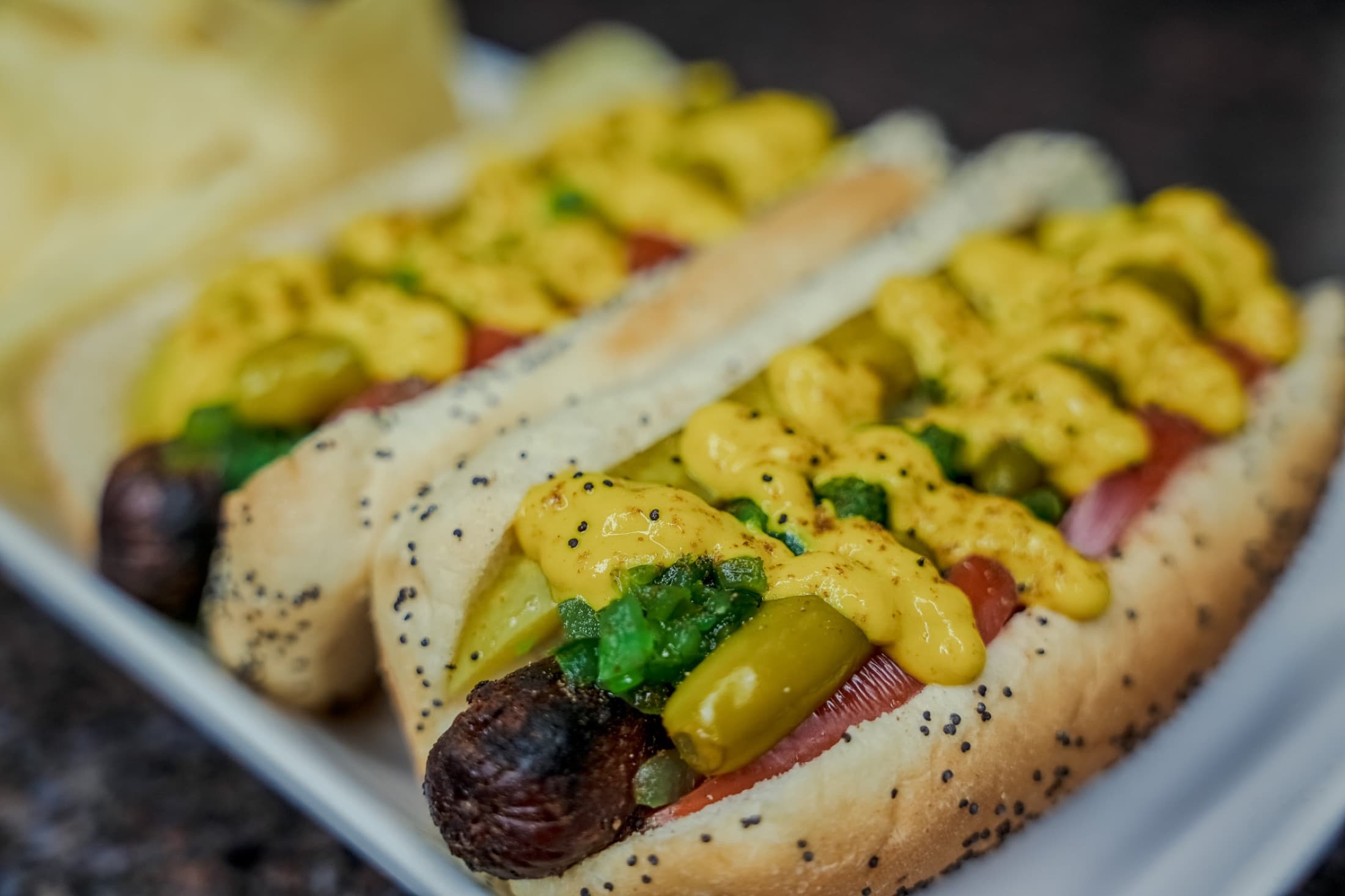 Smoked plant-based Chicago-style hot dogs