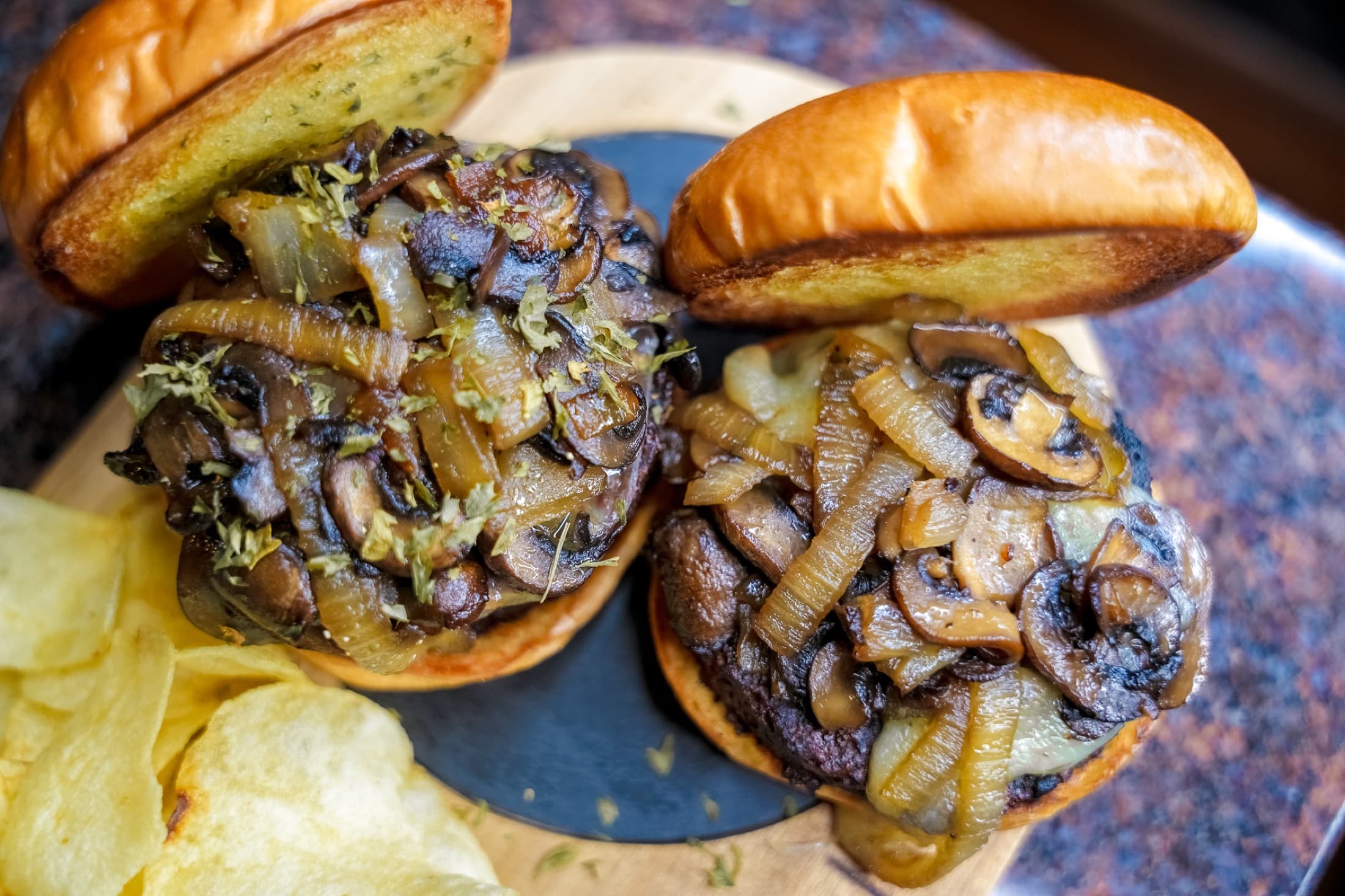 Magic Shroom burgers topped with sautéed mushrooms and caramelized onions